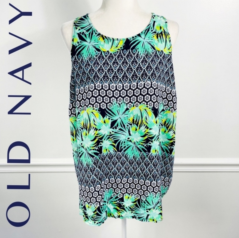 OLD NAVY Navy Blue & Green Tropical Palm Floral Sleeveless Tank Top - XXL